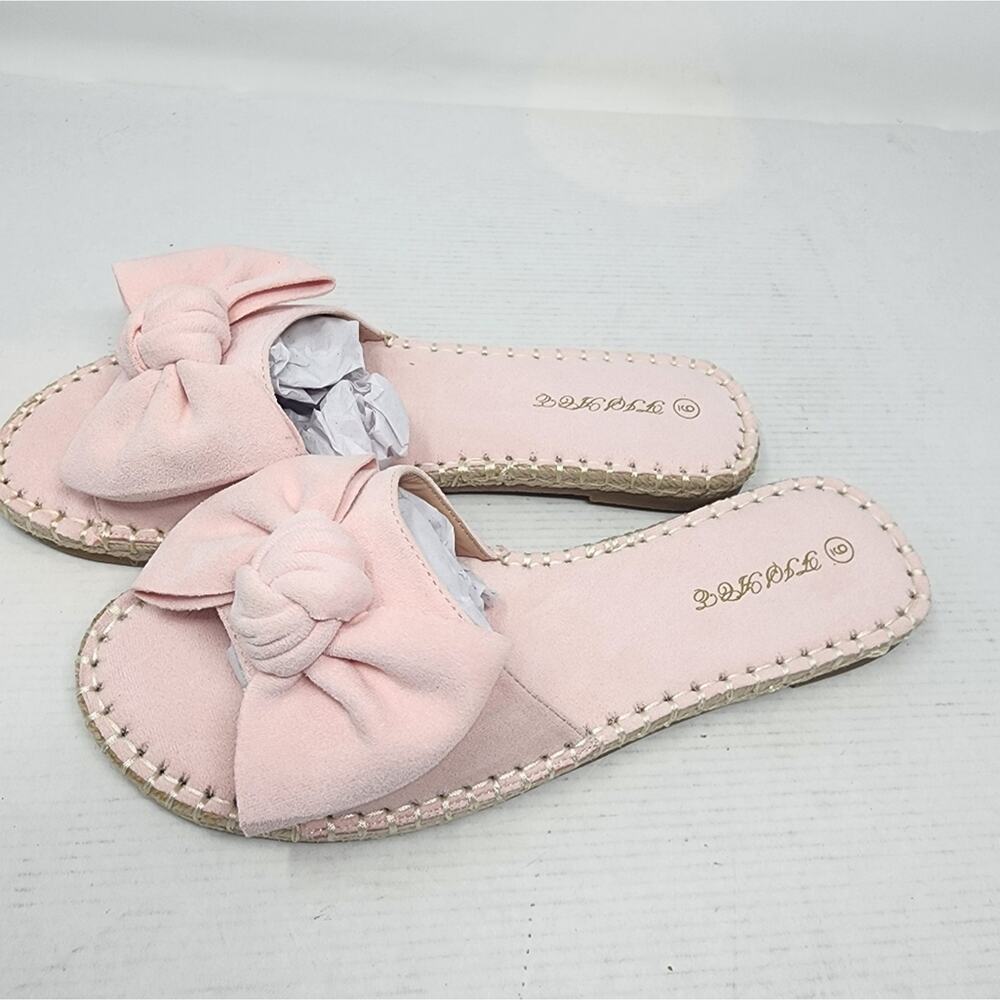 New Pink Bow Slide Sandals Espadrille Stotch Faux Suede Flats Cute Summer Size 9 - Picture 4 of 7